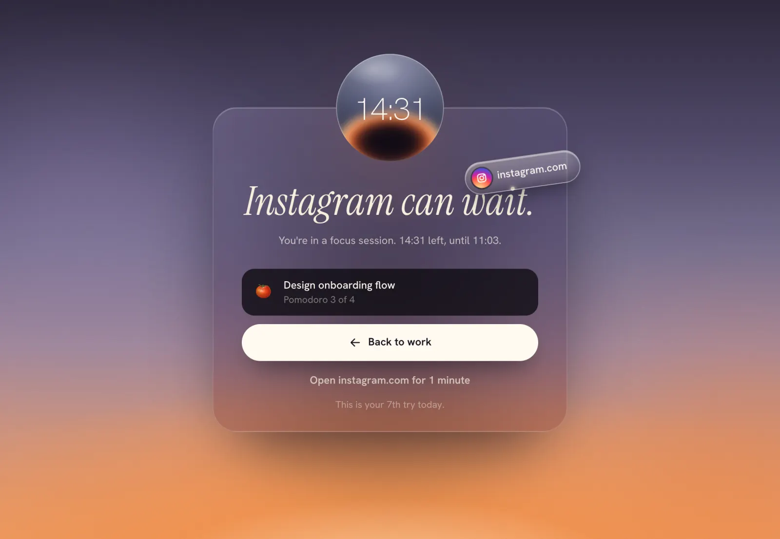 Hushlo's blocked page: “Instagram can wait.” with the time left in the session, the current task and a Back to work button.
