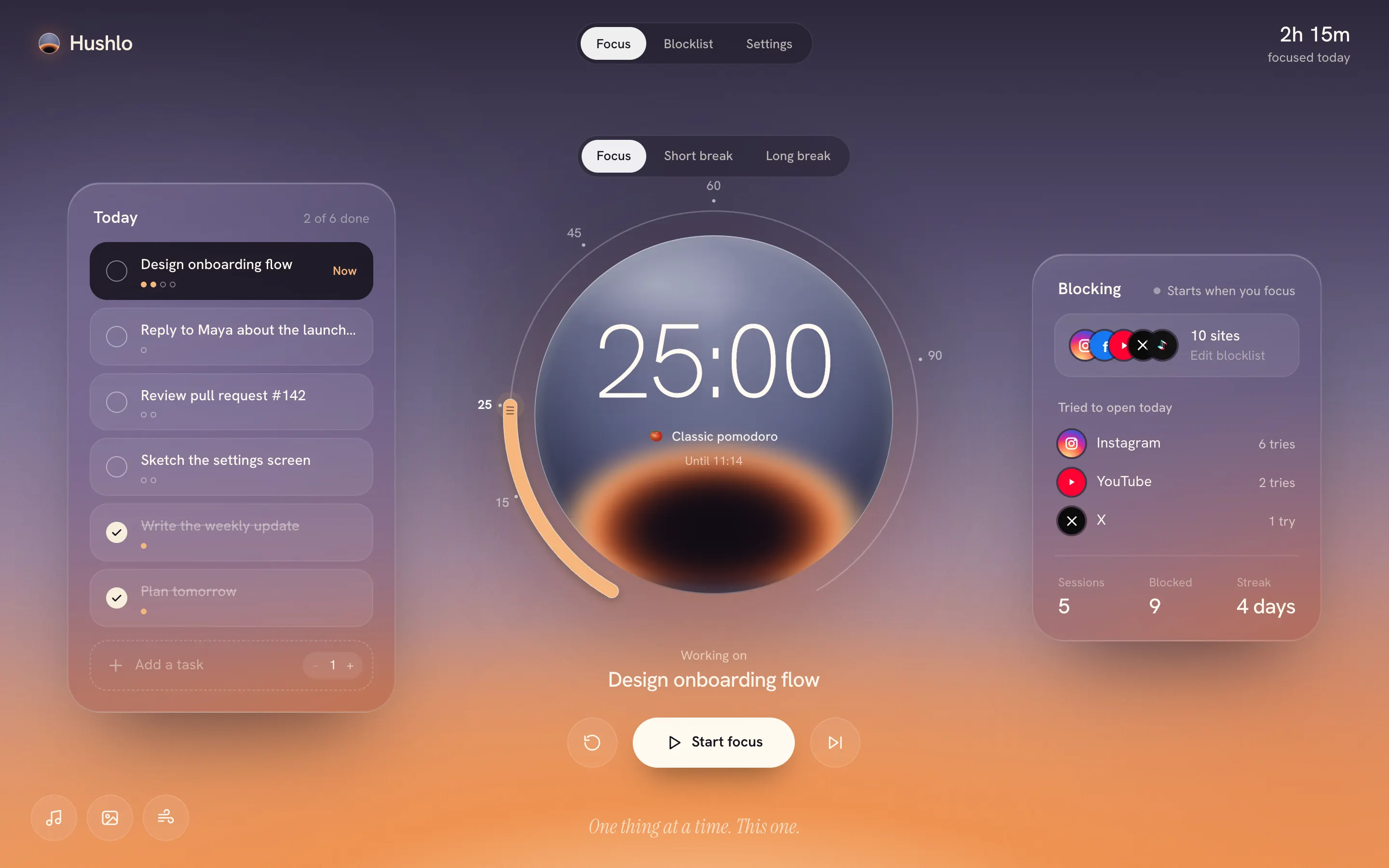 The Hushlo dashboard: today's tasks on the left, a 25-minute timer inside the glowing orb, and the sites being blocked on the right.